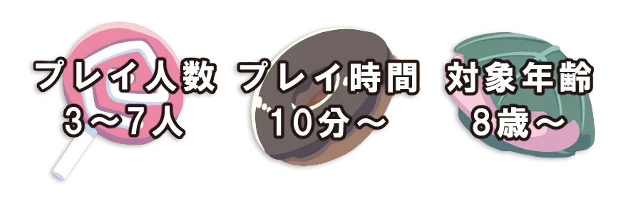 プレイ人数3〜7人、プレイ時間10分〜、対象年齢8歳〜